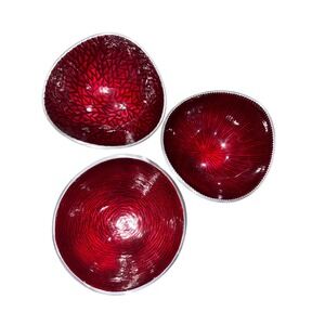 Simplydesignz Set of 3 Red Enamel Handcrafted Metal Bowls Small Nut Dishes India